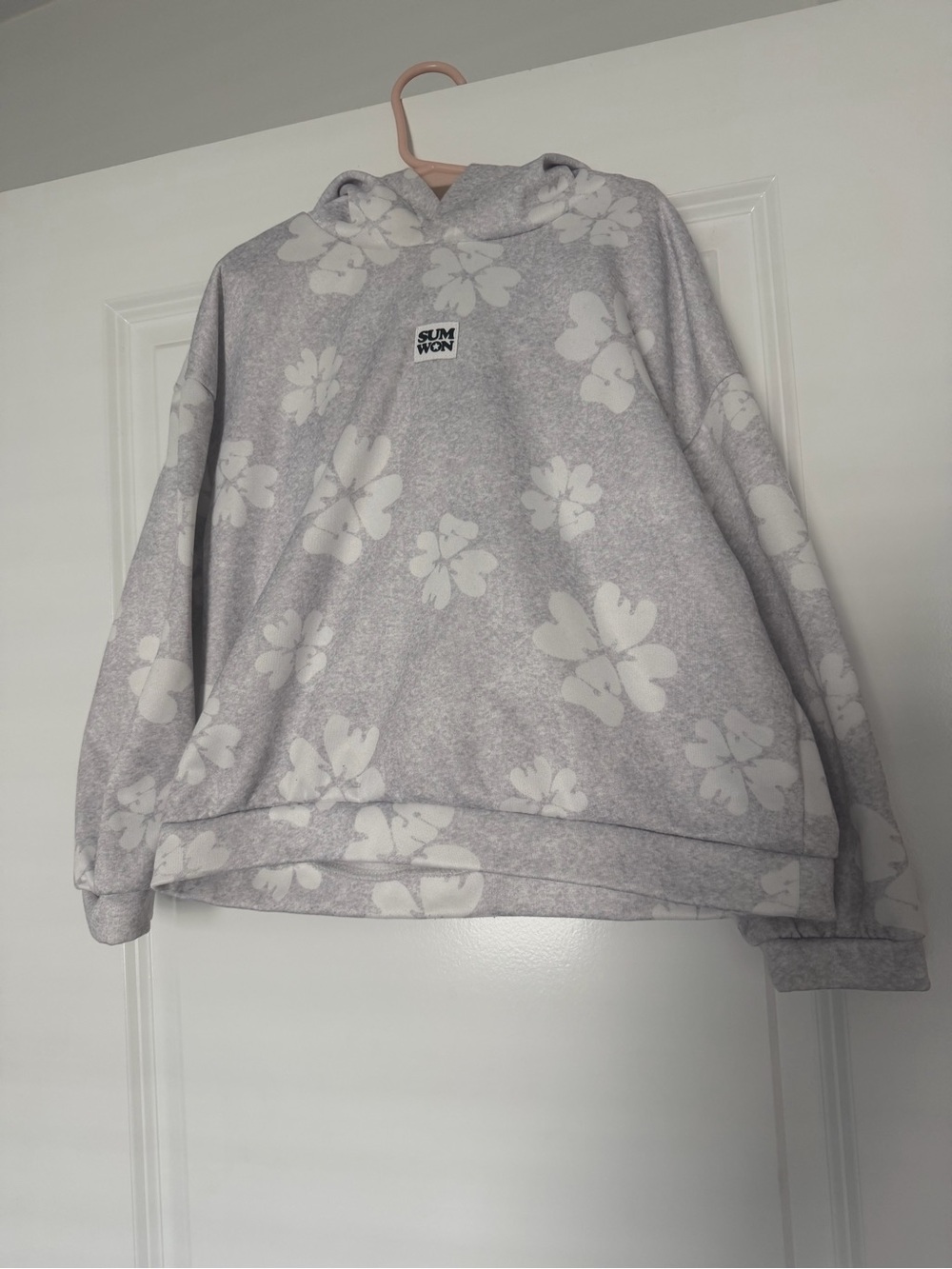 SHEIN Floral Hooded Sweatshirt - Light Gray & White